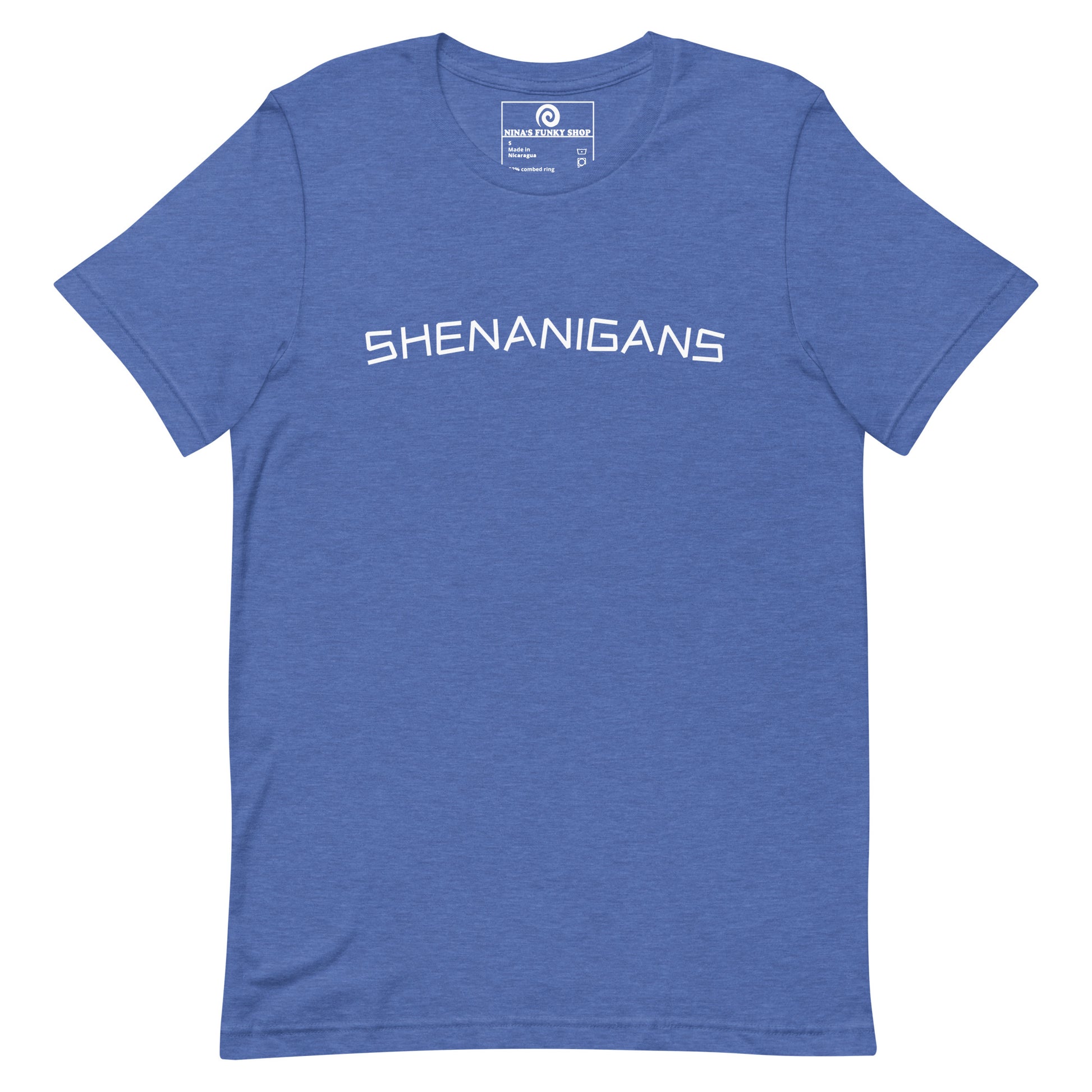 Heather Royal Blue Shenanigans T-shirt - This shenanigans t-shirt is soft, comfortable and made just for you. Looking for something more personalized? Shoot us an email! Shop Nina's for funky apparel for foodies and beyond.