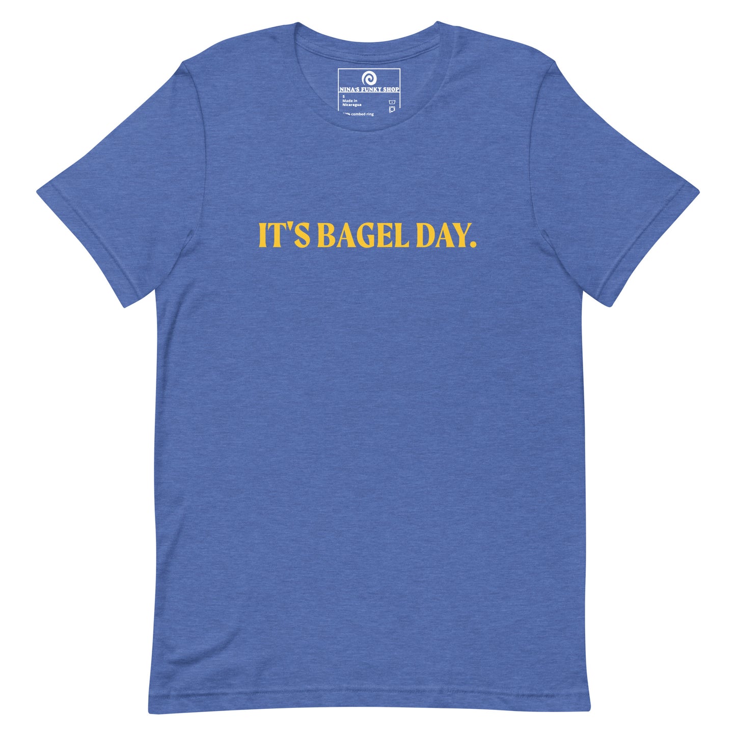 True Royal Blue It's Bagel Day T-Shirt - Are you a bagel enthusiast? Looking for a funny gift for a fellow bagel lover? Every day is bagel day in our "It's Bagel Day T-shirt". It's a soft and comfortable, unisex t-shirt that comes in a variety of colors with a funny bagel saying, expertly printed on the front. Eat your favorite bagels and make a statement. Celebrate your favorite foods in our funky foodie apparel.