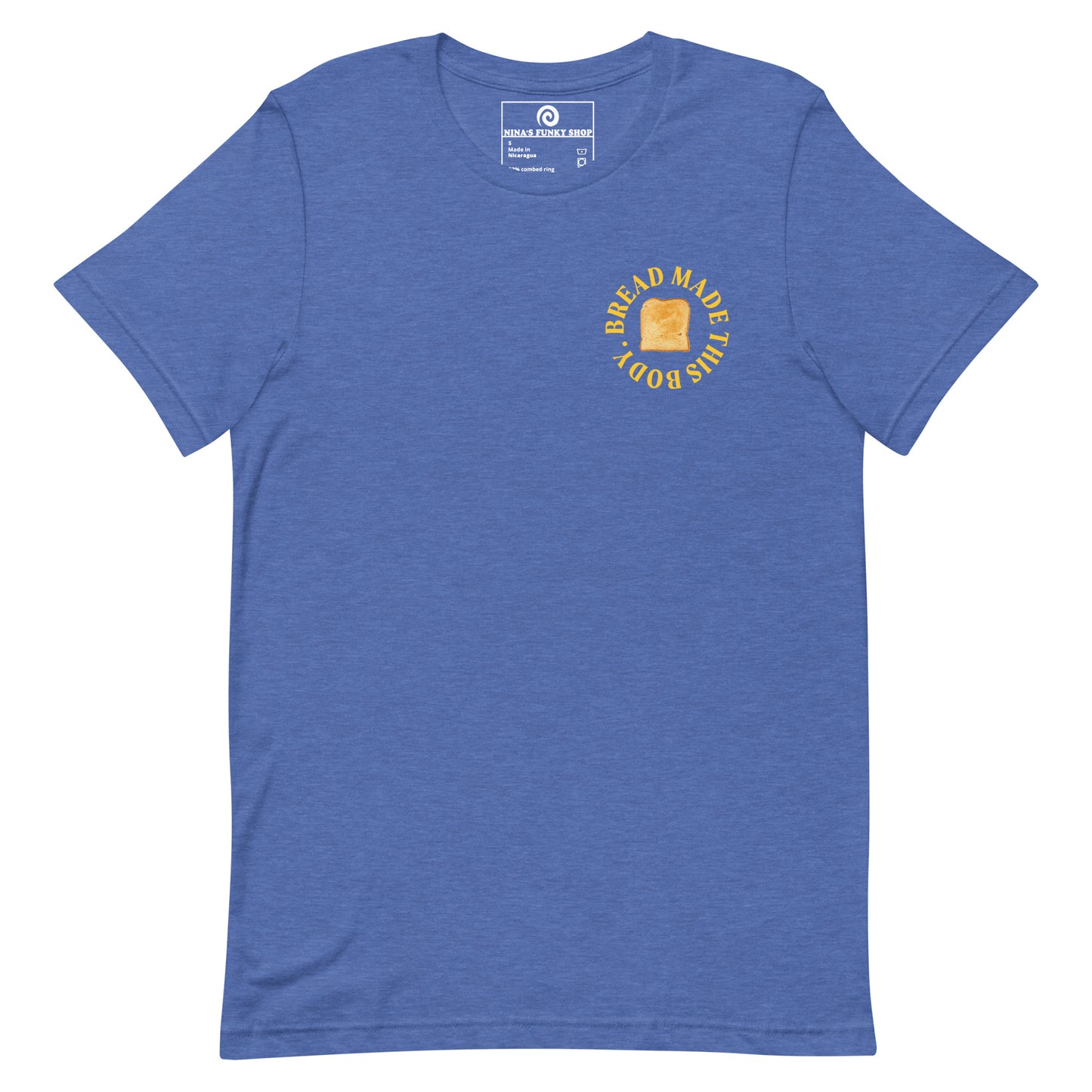 Royal Blue Bread T-Shirt - Love bread? Looking for a funny gift for bread enthusiast? Our Bread Made This Body T-shirt is soft, comfortable and just what you need. It's a unisex t-shirt that comes in a variety of colors with a funny food saying, expertly printed on the front and back. A unique t-shirt for bread lovers and foodies of all kinds. Celebrate your favorite foods in our funky foodie t-shirts and apparel..