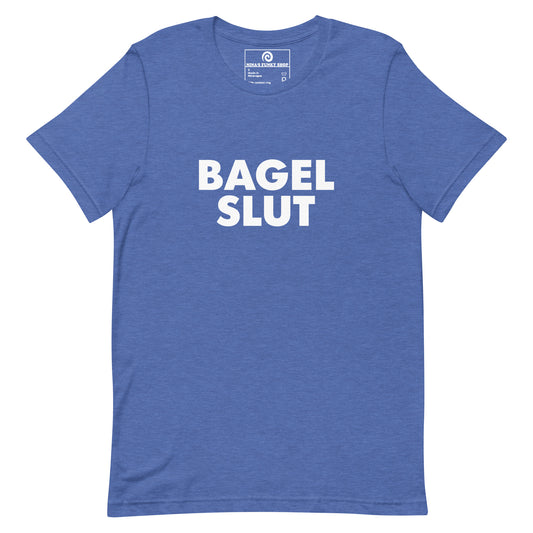 Blue Bagel Slut T-Shirt - Our Bagel Slut T-shirt is soft, comfortable and just what you need. It's a unisex t-shirt that comes in a variety of colors with a funny foodie design, expertly printed on the front. Stand out in our sarcastic t-shirts and celebrate your favorite foods in our funky foodie apparel. Designed by Nina and made just for you! Looking for something personalized? Shoot us an email! 