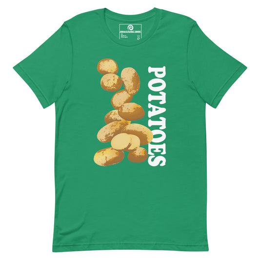 Kelly Green T-shirt with Potatoes Design - This unique potato t-shirt is soft, comfortable and made just for you. It comes in a variety of colors with a hand drawn potato design by Nina, expertly printed on the front. The perfect graphic tee for potato lovers and foodies of all kinds. Looking for something more personalized? Shoot us an email! 