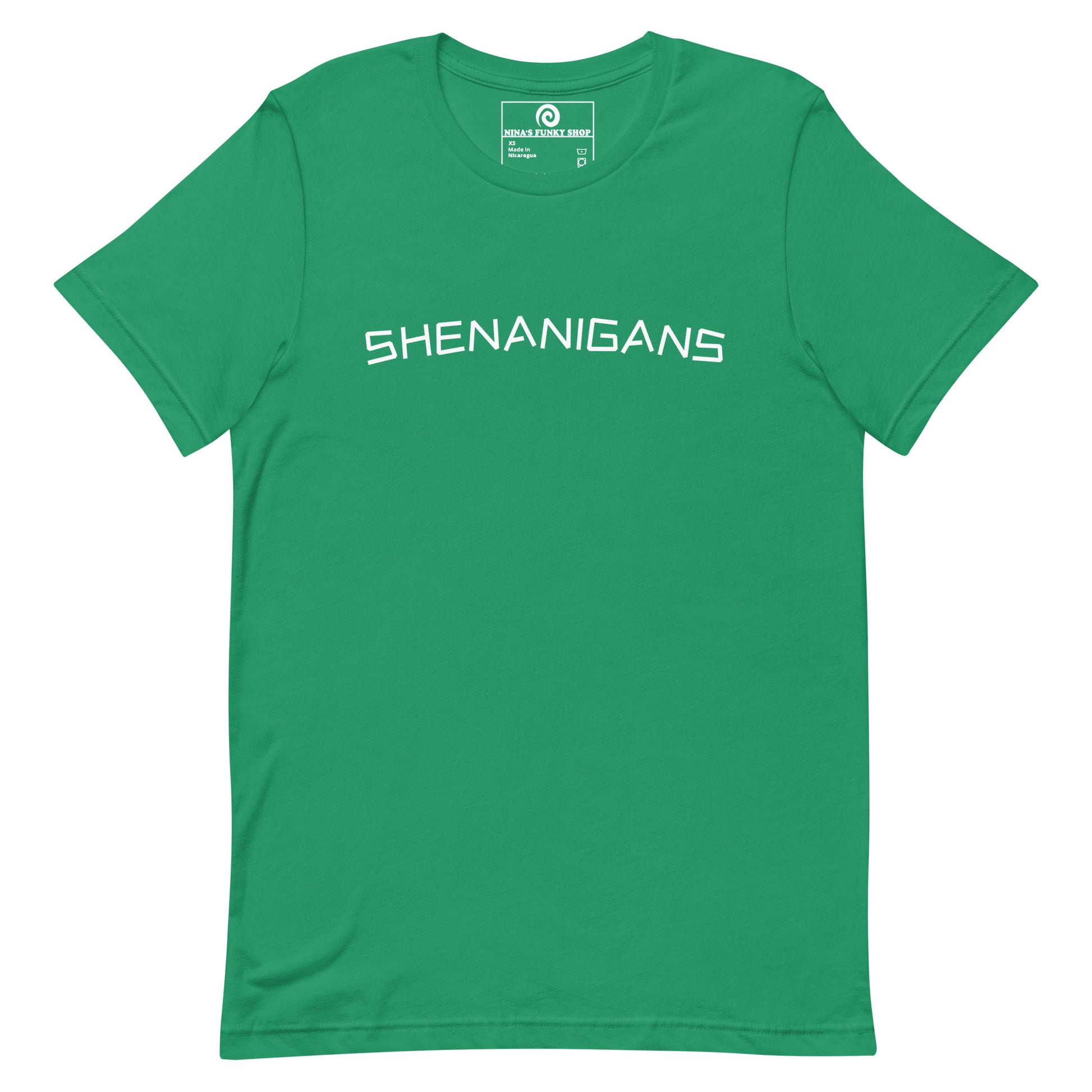 Kelly Green Shenanigans T-shirt - This shenanigans t-shirt is soft, comfortable and made just for you. Looking for something more personalized? Shoot us an email! Shop Nina's for funky apparel for foodies and beyond.