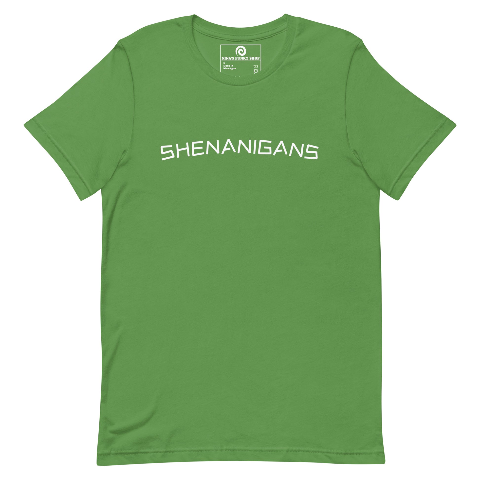 Leaf Green Shenanigans T-shirt - This shenanigans t-shirt is soft, comfortable and made just for you. Looking for something more personalized? Shoot us an email! Shop Nina's for funky apparel for foodies and beyond.