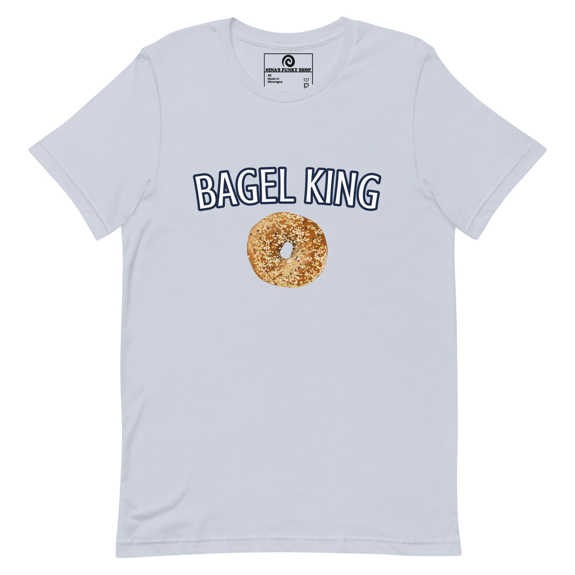 Light Blue Everything Bagel T-shirt - Calling all bagel kings and queens! Looking for your new favorite shirt? A Gift for a fellow bagel enthusiast? This bagel t-shirt comes in a variety of colors with "bagel king" and a hand drawn everything bagel design, on the front. The perfect graphic tee for bagel lovers and foodies of all kinds.