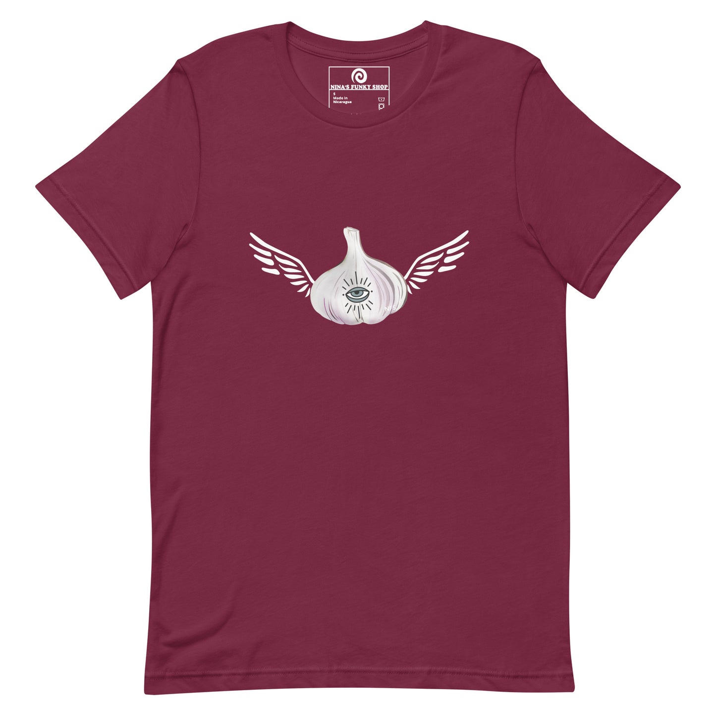 Maroon Garlic T-shirt - Do you love garlic? Looking for a gift for your favorite garlic enthusiast? This Angel Garlic T-shirt is just what you need! It's a soft and comfortable tee with a funky hand drawn garlic design, expertly printed on the front. Celebrate your favorite foods in our funky foodie clothing, designed by Nina and made just for you.