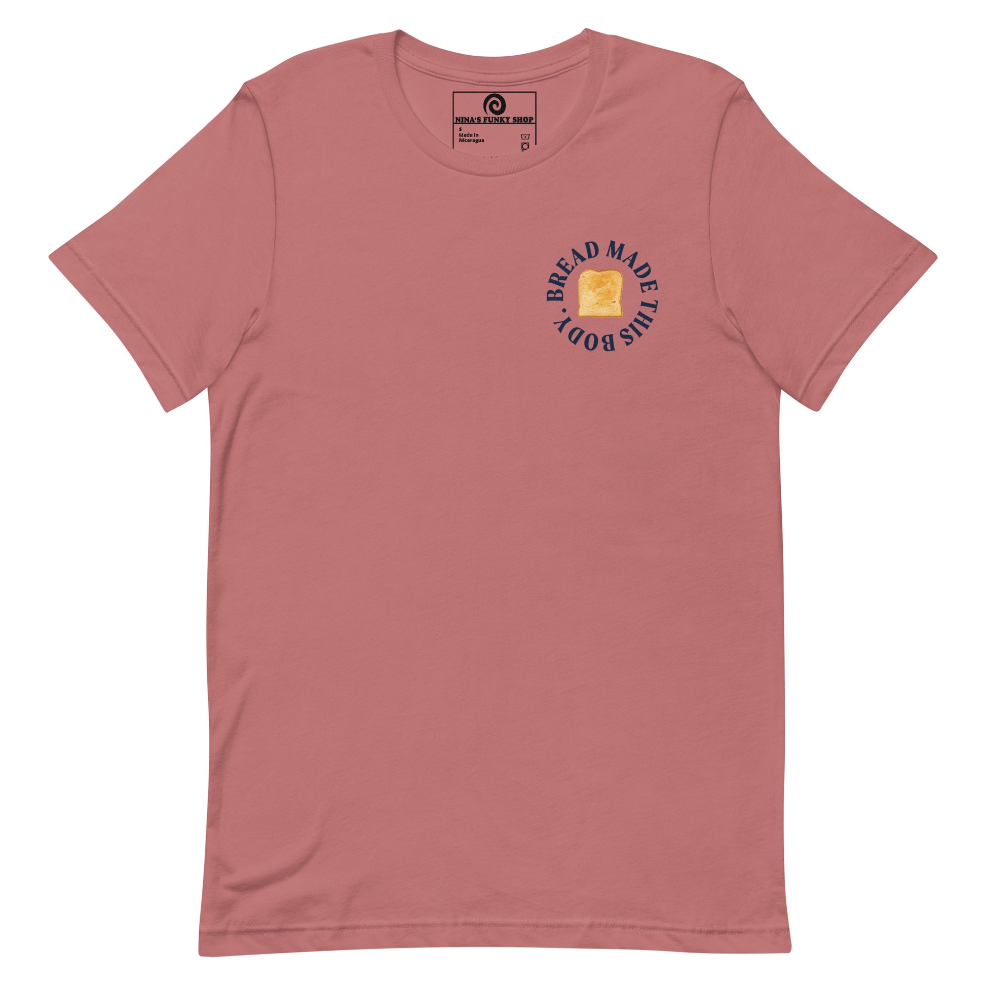 Mauve Bread T-Shirt - Love bread? Looking for a funny gift for bread enthusiast? Our Bread Made This Body T-shirt is soft, comfortable and just what you need. It's a unisex t-shirt that comes in a variety of colors with a funny food saying, expertly printed on the front and back. A unique t-shirt for bread lovers and foodies of all kinds. Celebrate your favorite foods in our funky foodie t-shirts and apparel..