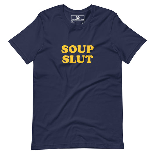 Navy soup slut t-shirt - Are you slut for soup? Looking for a funny gift for a foodie? Our Soup Slut T-shirt is just what you need. It's a soft and comfortable shirt with "Soup Slut", expertly printed on the front. The perfect tee for soup lovers and foodies of all kinds.