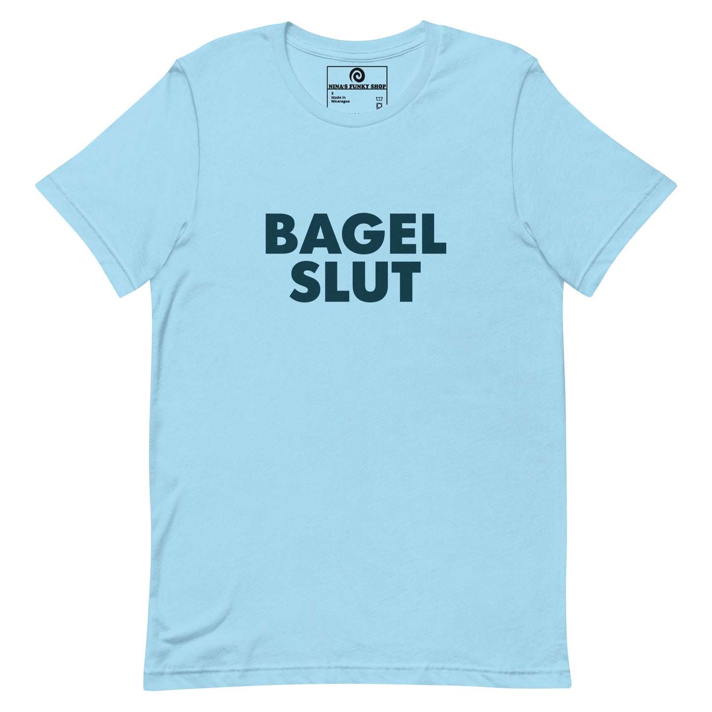 Blue Bagel Slut T-Shirt - Our Bagel Slut T-shirt is soft, comfortable and just what you need. It's a unisex t-shirt that comes in a variety of colors with a funny foodie design, expertly printed on the front. Stand out in our sarcastic t-shirts and celebrate your favorite foods in our funky foodie apparel. Designed by Nina and made just for you! Looking for something personalized? Shoot us an email!