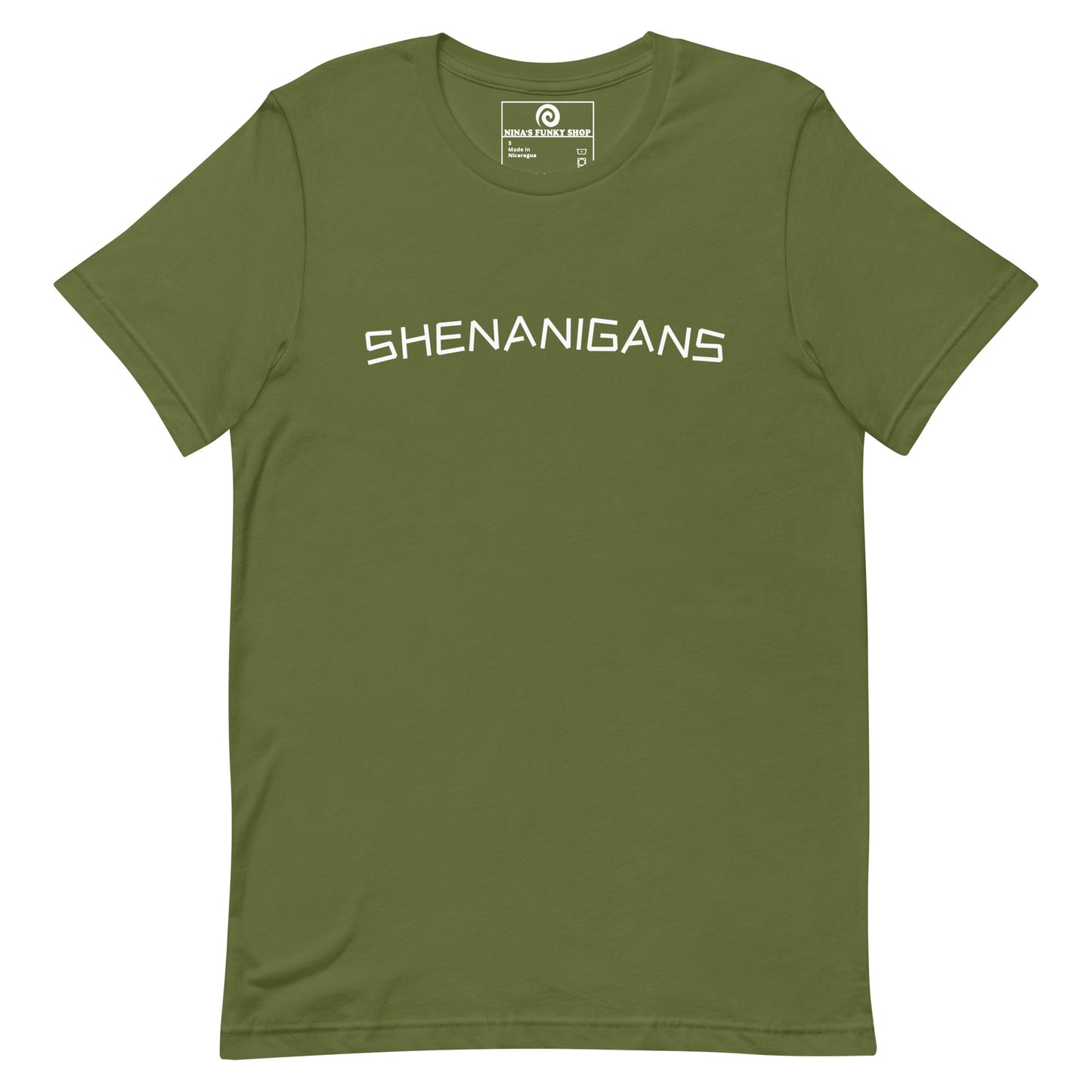 Olive Green Shenanigans T-shirt - This shenanigans t-shirt is soft, comfortable and made just for you. Looking for something more personalized? Shoot us an email! Shop Nina's for funky apparel for foodies and beyond.