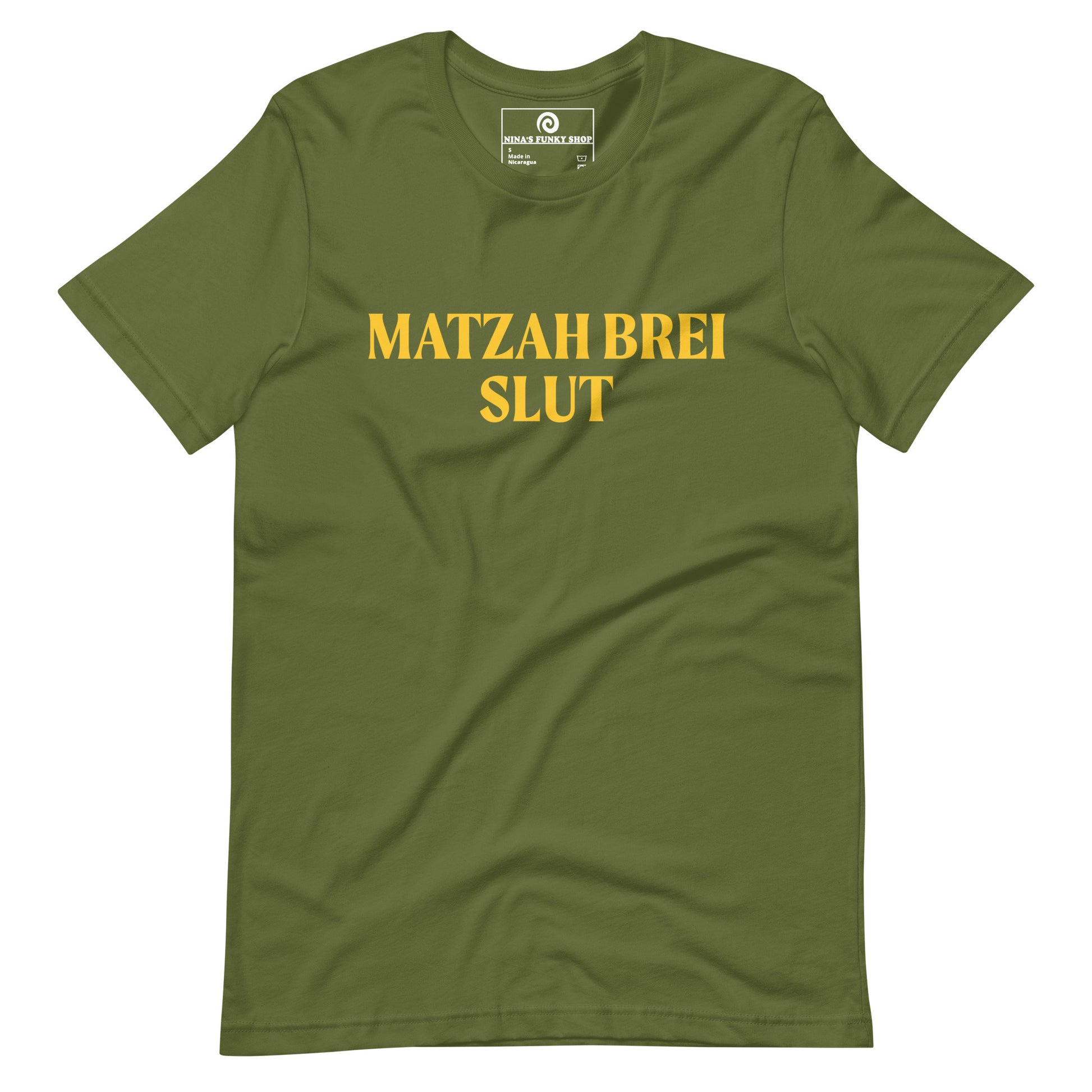 Green Matzah Brei Slut - Love matzah brei? Looking for a funny Passover gift? Our Matzah Brei T-shirt is soft, comfortable and just what you need. It's a comfortable, unisex t-shirt that comes in a variety of colors with "Matzah Brei Slut", expertly printed on the front. A funny t-shirt for Passover and for matzah lovers and haters of all kinds.