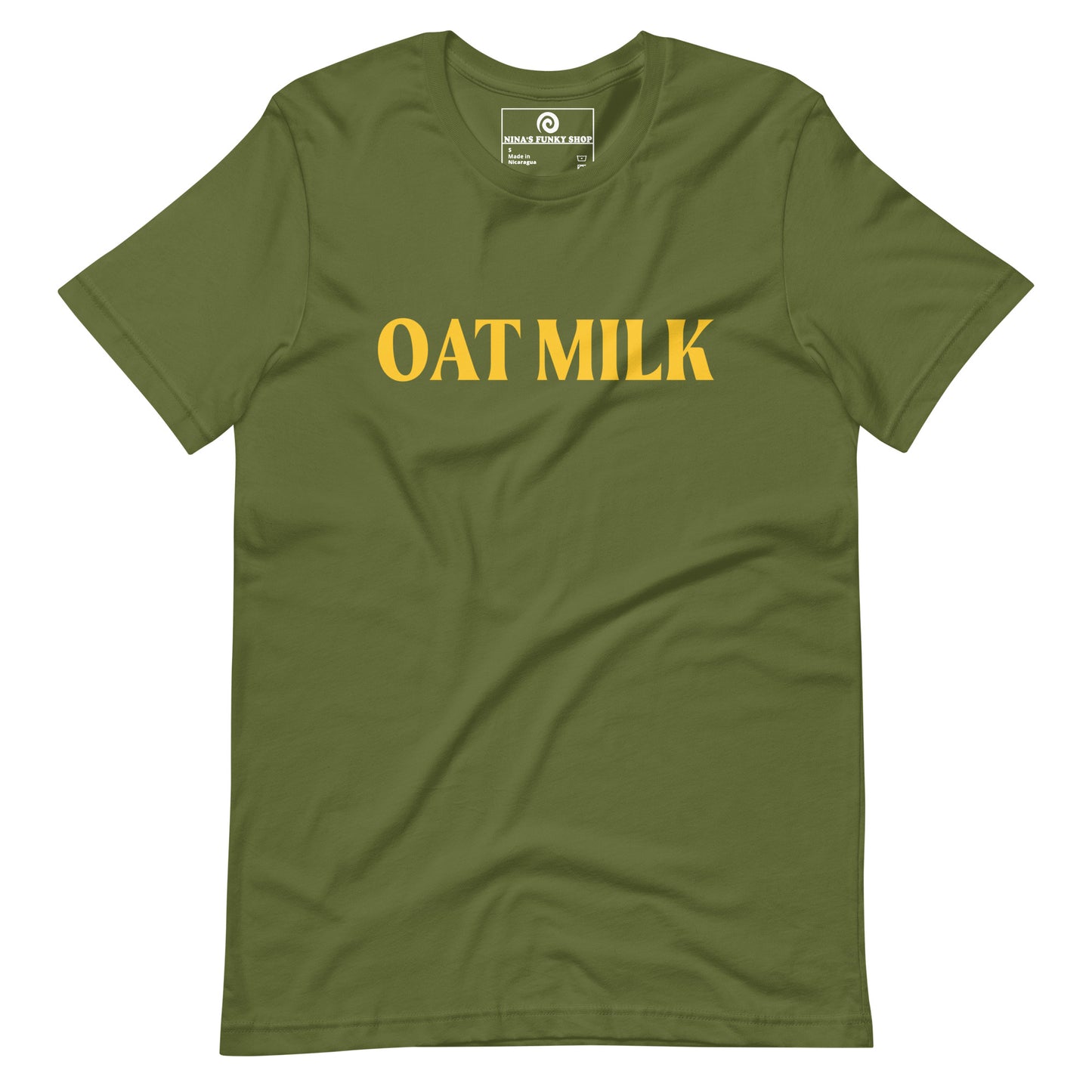 Olive Green Oat Milk T-shirt - Are you an oat milk enthusiast? Looking for a funny gift for a dairy free friend? Our Oat Milk T-shirt is soft, comfortable and just what you need. It's a unisex t-shirt that comes in a variety of colors with "oat milk", on the front. A funny t-shirt for plant based babes and foodies of all kinds. Celebrate your favorite foods in our funky foodie apparel. Designed by Nina and made just for you!