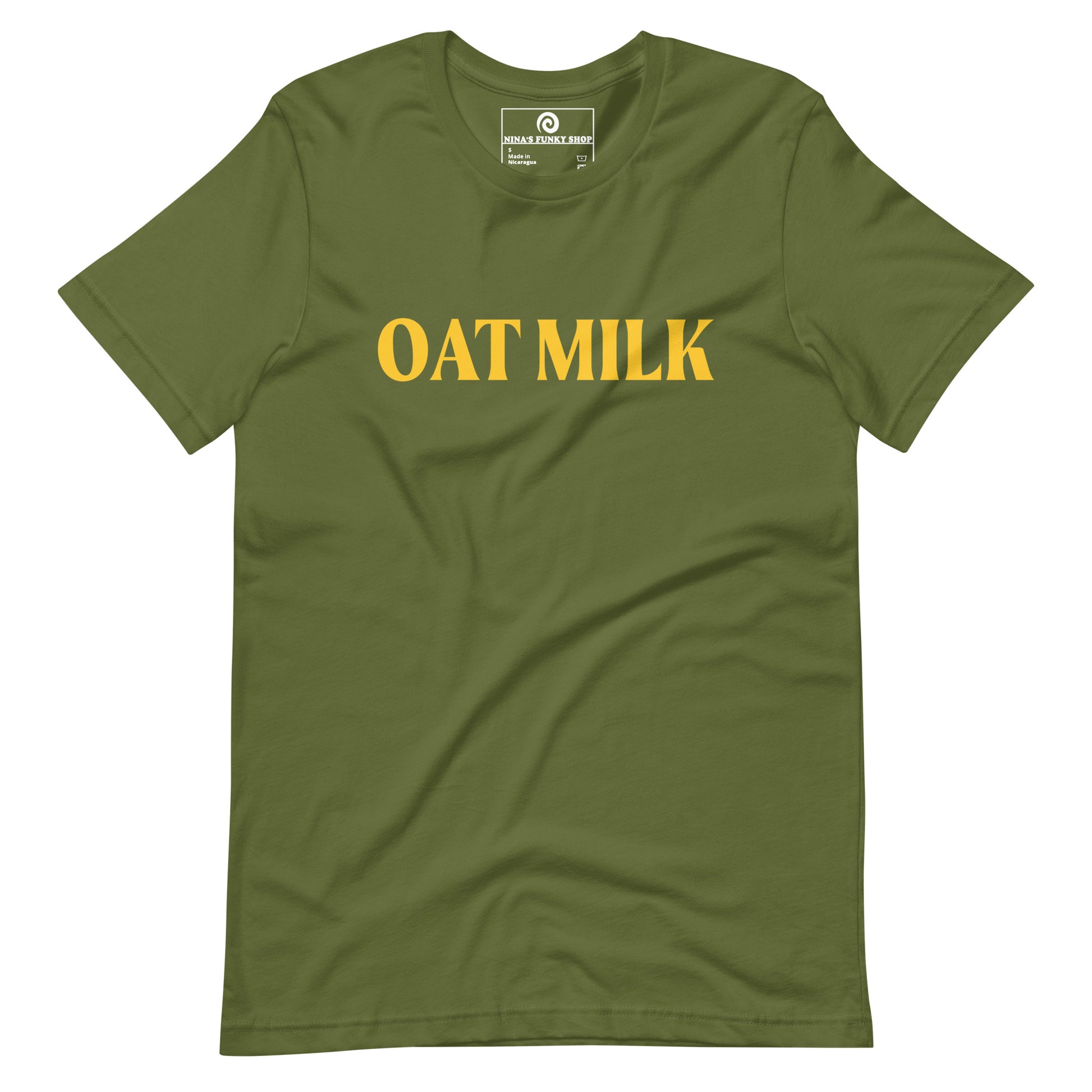 Olive Green Oat Milk T-shirt - Are you an oat milk enthusiast? Looking for a funny gift for a dairy free friend? Our Oat Milk T-shirt is soft, comfortable and just what you need. It's a unisex t-shirt that comes in a variety of colors with "oat milk", on the front. A funny t-shirt for plant based babes and foodies of all kinds. Celebrate your favorite foods in our funky foodie apparel. Designed by Nina and made just for you!