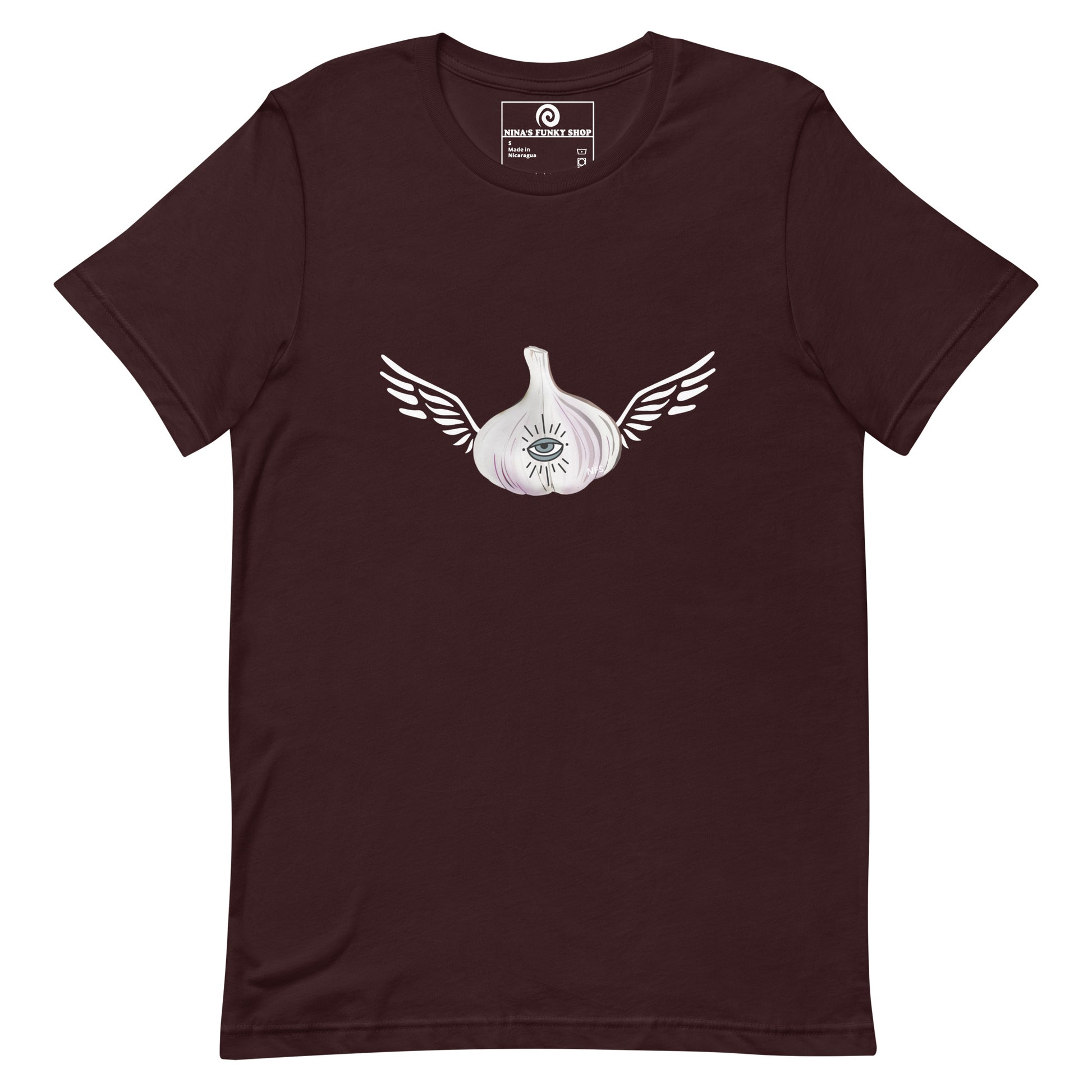 Dark Red Garlic T-shirt - Do you love garlic? Looking for a gift for your favorite garlic enthusiast? This Angel Garlic T-shirt is just what you need! It's a soft and comfortable tee with a funky hand drawn garlic design, expertly printed on the front. Celebrate your favorite foods in our funky foodie clothing, designed by Nina and made just for you.