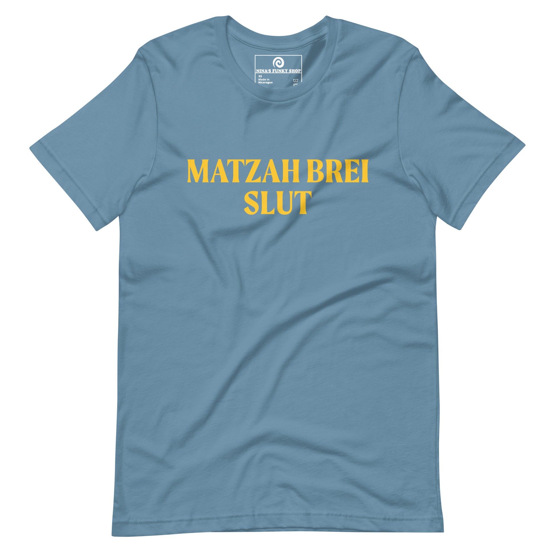 Blue Matzah Brei Slut - Love matzah brei? Looking for a funny Passover gift? Our Matzah Brei T-shirt is soft, comfortable and just what you need. It's a comfortable, unisex t-shirt that comes in a variety of colors with "Matzah Brei Slut", expertly printed on the front. A funny t-shirt for Passover and for matzah lovers and haters of all kinds.