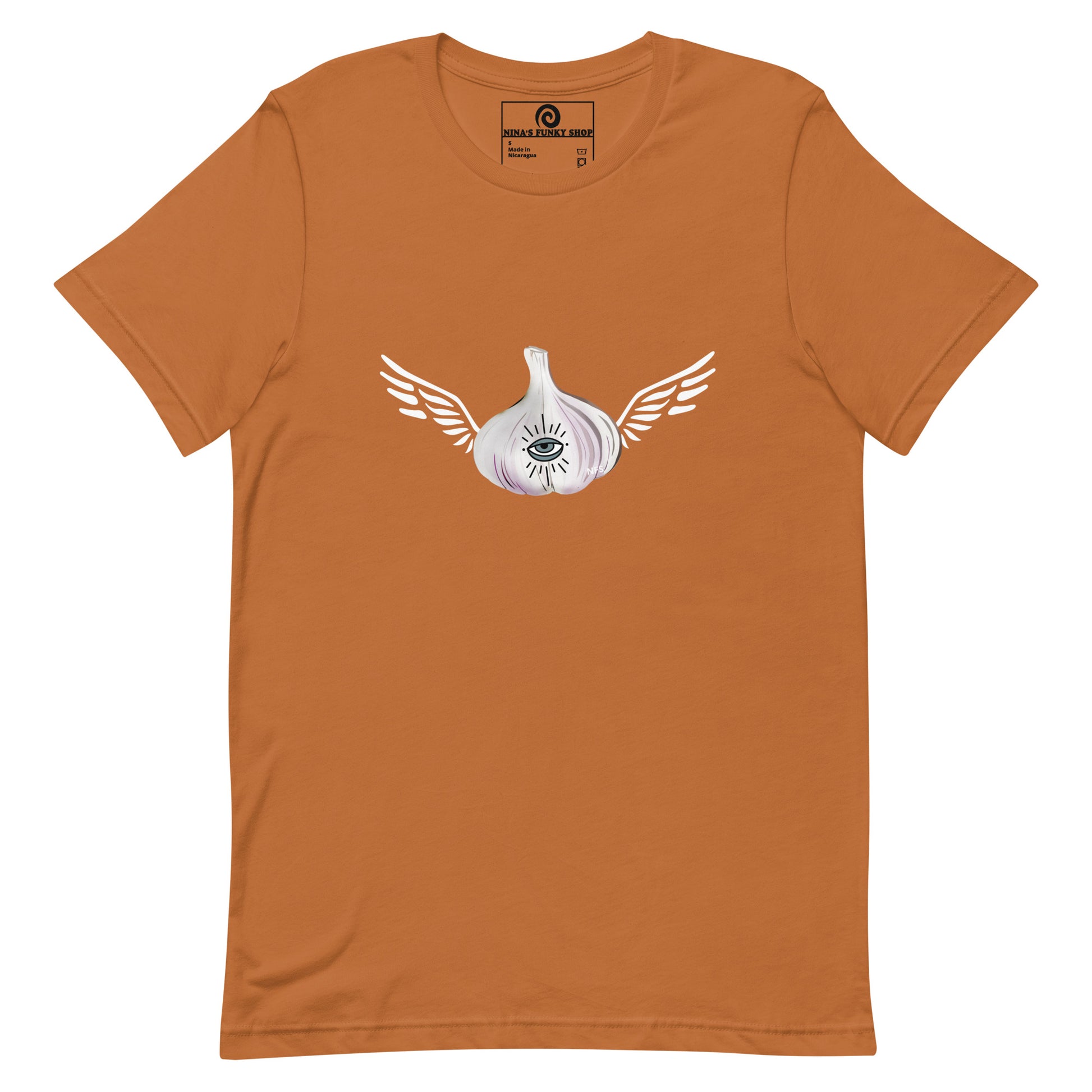 Orange Garlic T-shirt - Do you love garlic? Looking for a gift for your favorite garlic enthusiast? This Angel Garlic T-shirt is just what you need! It's a soft and comfortable tee with a funky hand drawn garlic design, expertly printed on the front. Celebrate your favorite foods in our funky foodie clothing, designed by Nina and made just for you.