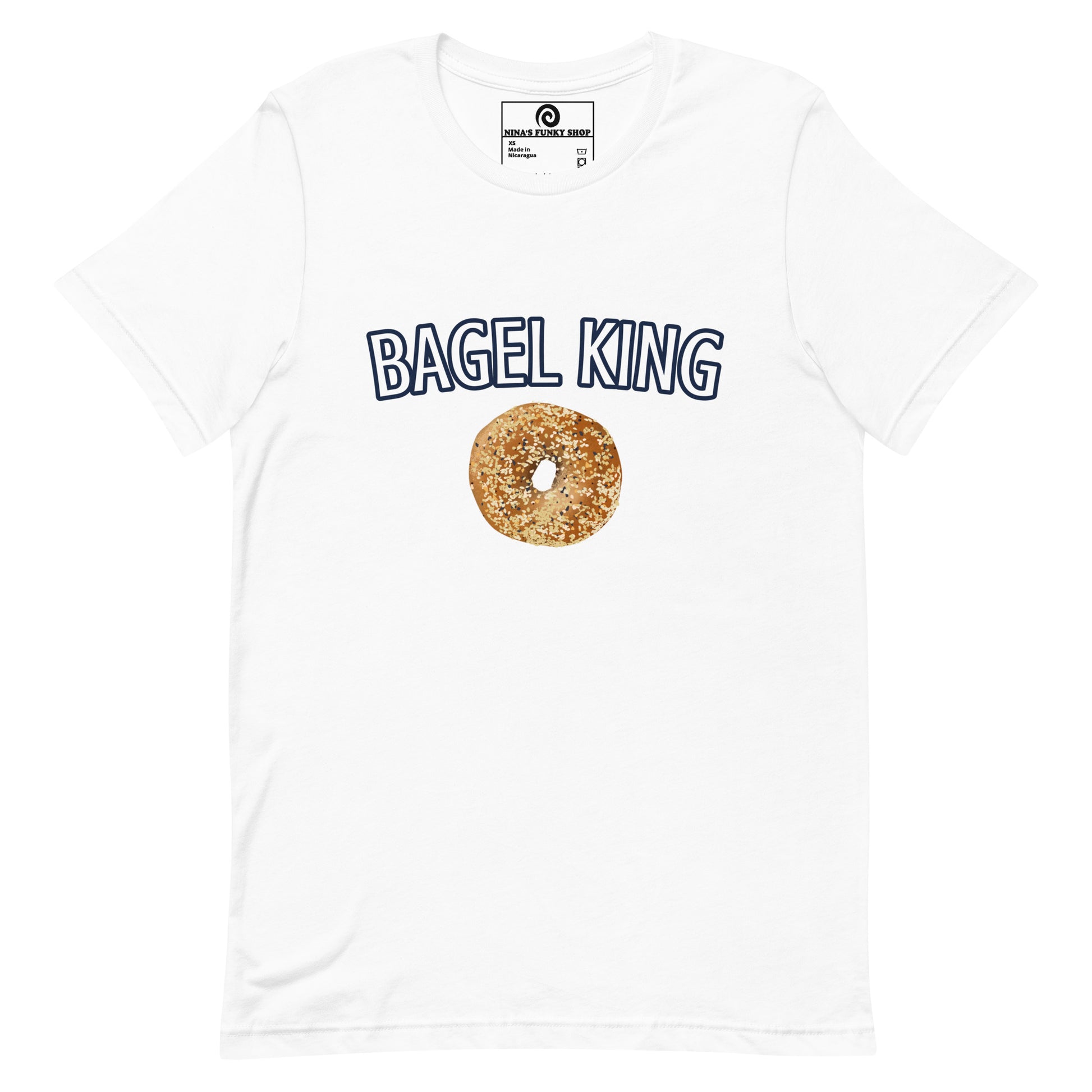 White Everything Bagel T-shirt - Calling all bagel kings and queens! Looking for your new favorite shirt? A Gift for a fellow bagel enthusiast? This bagel t-shirt comes in a variety of colors with "bagel king" and a hand drawn everything bagel design, on the front. The perfect graphic tee for bagel lovers and foodies of all kinds.