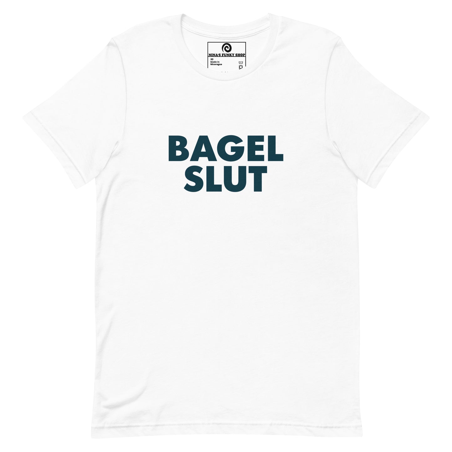 White Bagel Slut T-Shirt - Our Bagel Slut T-shirt is soft, comfortable and just what you need. It's a unisex t-shirt that comes in a variety of colors with a funny foodie design, expertly printed on the front. Stand out in our sarcastic t-shirts and celebrate your favorite foods in our funky foodie apparel. Designed by Nina and made just for you! Looking for something personalized? Shoot us an email!