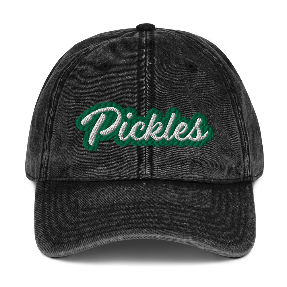 Vintage style washed out black pickles dad hat - The Pickles Dad Hat! A comfortable and unique dad hat for pickle lovers. This vintage-style hat is the perfect statement hat for pickle enthusiasts. If you're a pickle lover or a fan of funny food hats, this weird dad hat is not only is it a stylish choice for everyday wear, but an excellent gift for pickle lovers. 