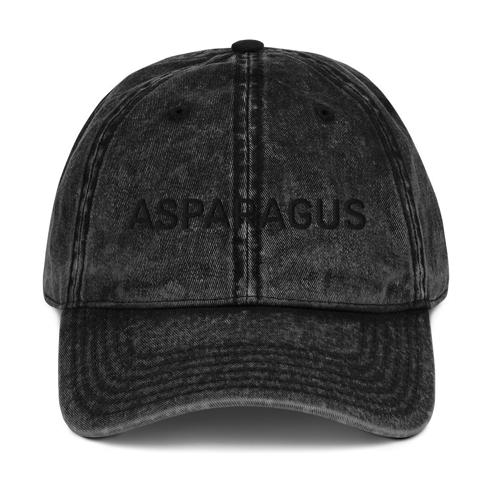 Black asparagus hat - If you love asparagus, this embroidered dad hat was designed just for you. Eat asparagus in style in this statement hat for veggie lovers. This asparagus hat is made of 100% cotton, with a faded vintage look. The perfect funny food hat for asparagus enthusiasts and gift for vegetable lovers and foodies of all kinds. 