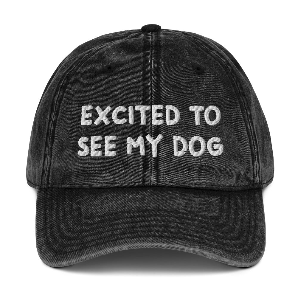 Black excited to see my dog dad hat A funny dog lover dad hat with the words "EXCITED TO SEE MY DOG" embroidered on the front and an adjustable snap closure. It's a cotton dad hat, designed for dog enthusiasts and animal lovers of all kinds. Show everyone know how much you love your dog in this dog lover hat or give it as a funny gift for dog parents.