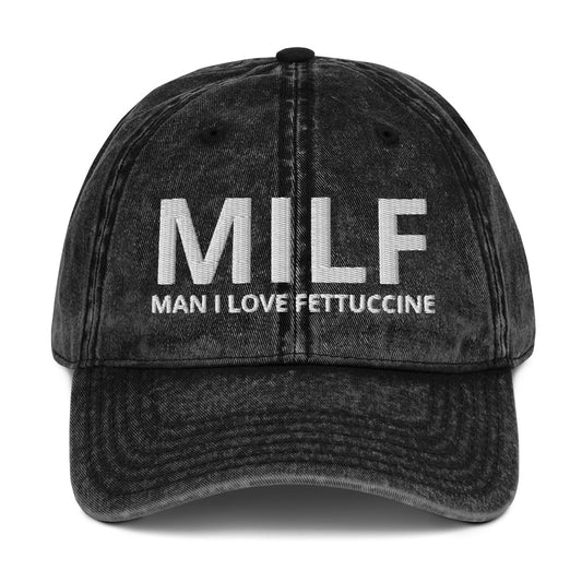 Black MILF man I love fettuccine dad hat from Nina's Funky Shop by ninanush - This funny MILF dad hat is comfortable, unique and makes the perfect hat for foodies and fettuccine enthusiasts. It comes in a variety of colors with "MILF Man I Love Fettuccine" embroidered on the front. Stand out, eat pasta and add a little personality to your style in this funny dad hat for fettuccine lovers.