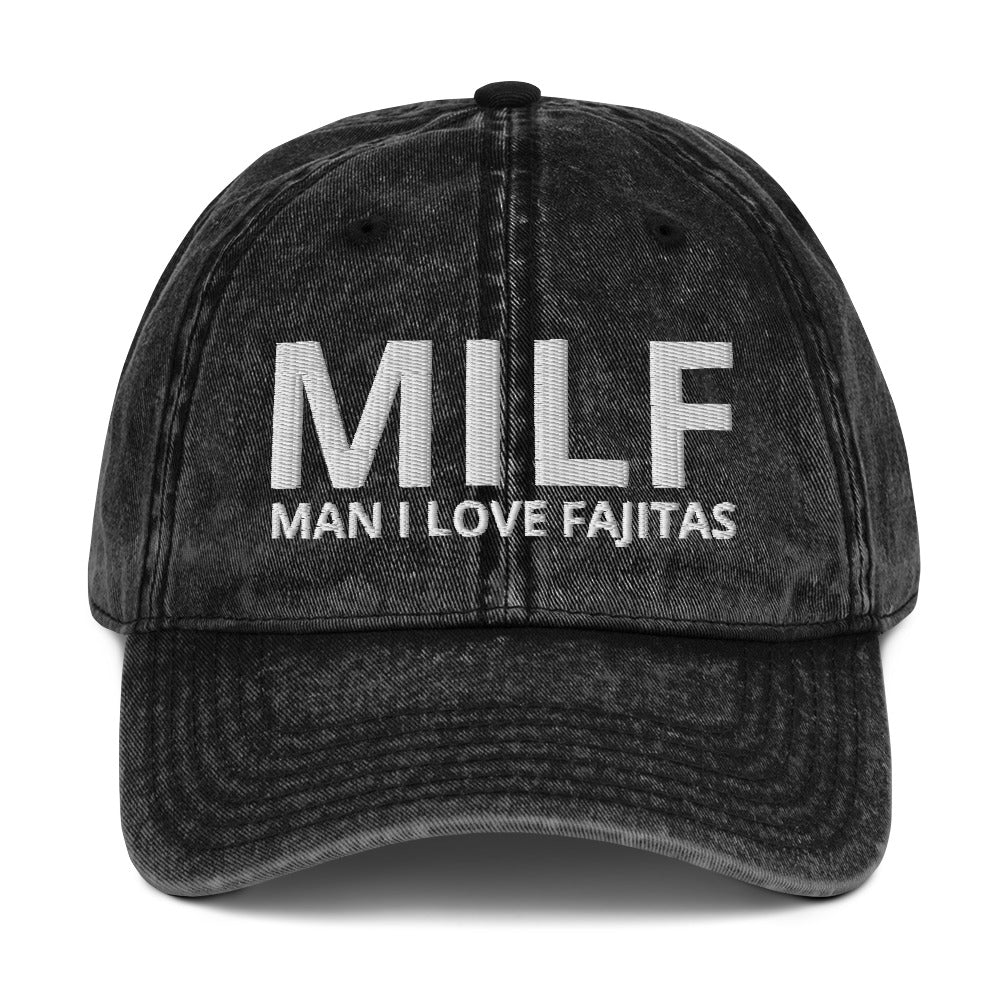 Black unique MILF dad hat for foodies - from Nina's Funky Shop by ninanush- MILF: MAN I LOVE FAJITAS This funny MILF dad hat is comfortable, unique and makes the perfect hat for foodies and fajita enthusiasts. Stand out and add a little personality to your style in this funny dad hat for fajita lovers. It's a comfortable, weird and cringy hat made of 100% cotton and is made just for you.