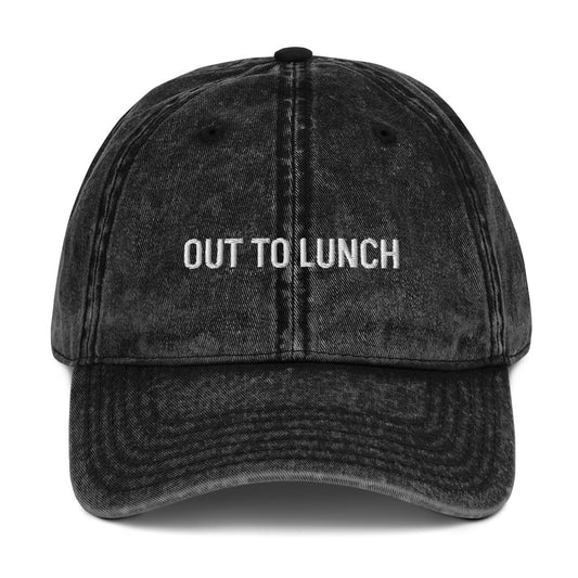 Black out to lunch dad hat from Nina's Funky Shop by ninanush - Stand out in this vintage style dad hat for foodies, lunch enthusiasts and beyond. It has an adjustable closure and comes in a variety of colors with a the words "out to lunch" expertly embroidered on the front. Eat lunch and live your best life in this comfortable hat, designed by Nina, and made just for you.