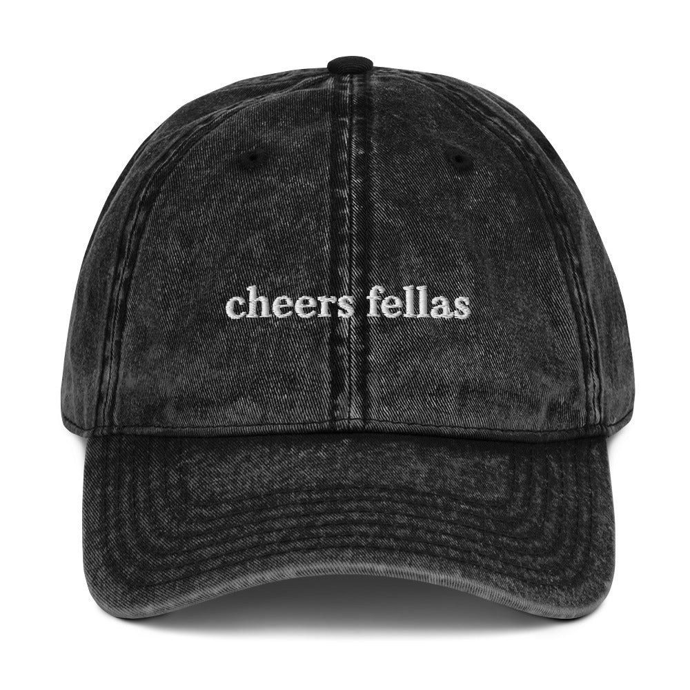 Black cheers fellas dad hat from Nina's Funky Shop by ninanush - Let your hat do the talking. This Cheers Fellas Hat is made of comfortable cotton, comes in a variety of colors and has a convenient adjustable closure. Wear our cheers fellas dad hat as everyday streetwear or give it as a fun gift for the fellas. 