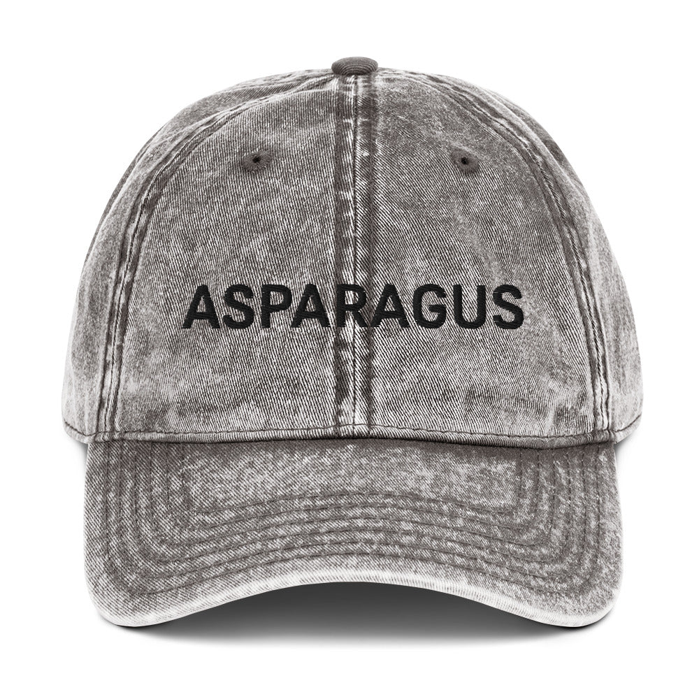 Gray asparagus hat - If you love asparagus, this embroidered dad hat was designed just for you. Eat asparagus in style in this statement hat for veggie lovers. This asparagus hat is made of 100% cotton, with a faded vintage look. The perfect funny food hat for asparagus enthusiasts and gift for vegetable lovers and foodies of all kinds. 