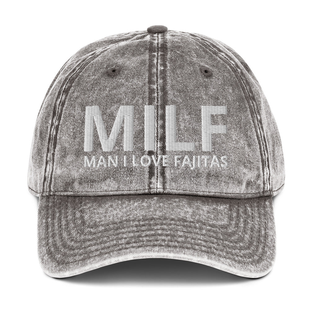 Gray MILF dad hat from Nina's Funky Shop by ninanush- MILF: MAN I LOVE FAJITAS This funny MILF dad hat is comfortable, unique and makes the perfect hat for foodies and fajita enthusiasts. Stand out and add a little personality to your style in this funny dad hat for fajita lovers. It's a comfortable, weird and cringy hat made of 100% cotton and is made just for you.