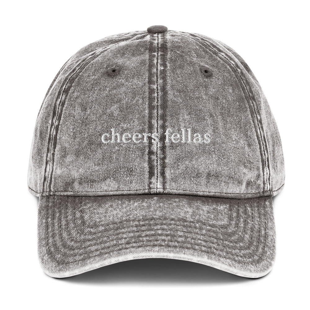 Gray cheers fellas dad hat from Nina's Funky Shop by ninanush - Let your hat do the talking. This Cheers Fellas Hat is made of comfortable cotton, comes in a variety of colors and has a convenient adjustable closure. Wear our cheers fellas dad hat as everyday streetwear or give it as a fun gift for the fellas.