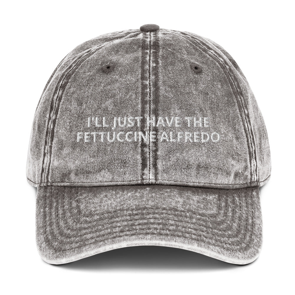 Gray I'll Just Have The Fettuccine Alfredo Hat - Love Fettuccine Alfredo? Looking for a funny gift for a pasta lover? Our Fettuccine Alfredo Hat is just what you need. It's comfortable, has an adjustable closure, and comes in a variety of colors with "I'll Just Have The Fettuccine Alfredo", expertly embroidered on the front. Eat your favorite fettuccine in style.