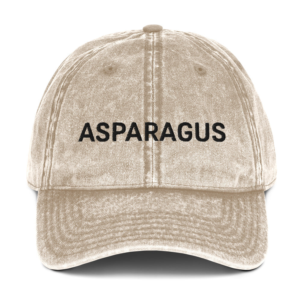 Beige asparagus dad hat - If you love asparagus, this embroidered dad hat was designed just for you. Eat asparagus in style in this statement hat for veggie lovers. This asparagus hat is made of 100% cotton, with a faded vintage look. The perfect funny food hat for asparagus enthusiasts and gift for vegetable lovers and foodies of all kinds. 