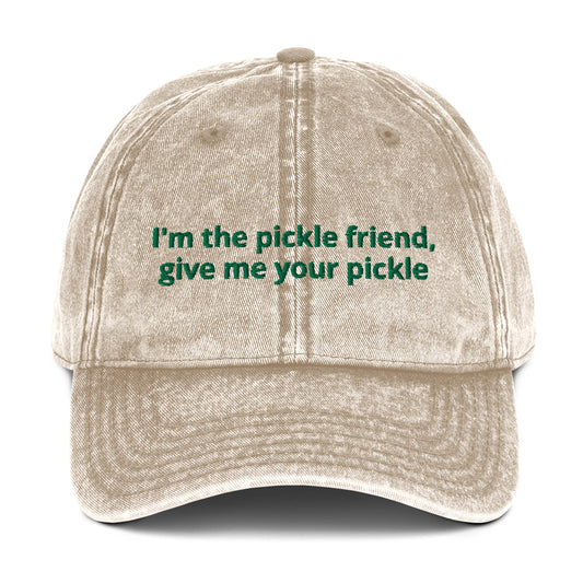 Tan pickle lover dad hat for the pickle friend - The perfect hat for pickle lovers. The I'm the pickle friend, give me your pickles dad hat for pickle enthusiasts. This silly foodie dad hat stands out with a quirky design and pickle saying. Eat your favorite pickles in this unique pickle dad hat or give it as a funny gift for pickle enthusiasts and foodies of all kinds.