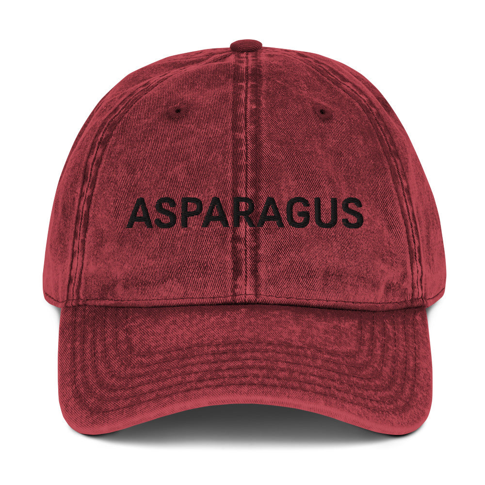 Maroon asparagus hat - If you love asparagus, this embroidered dad hat was designed just for you. Eat asparagus in style in this statement hat for veggie lovers. This asparagus hat is made of 100% cotton, with a faded vintage look. The perfect funny food hat for asparagus enthusiasts and gift for vegetable lovers and foodies of all kinds. 