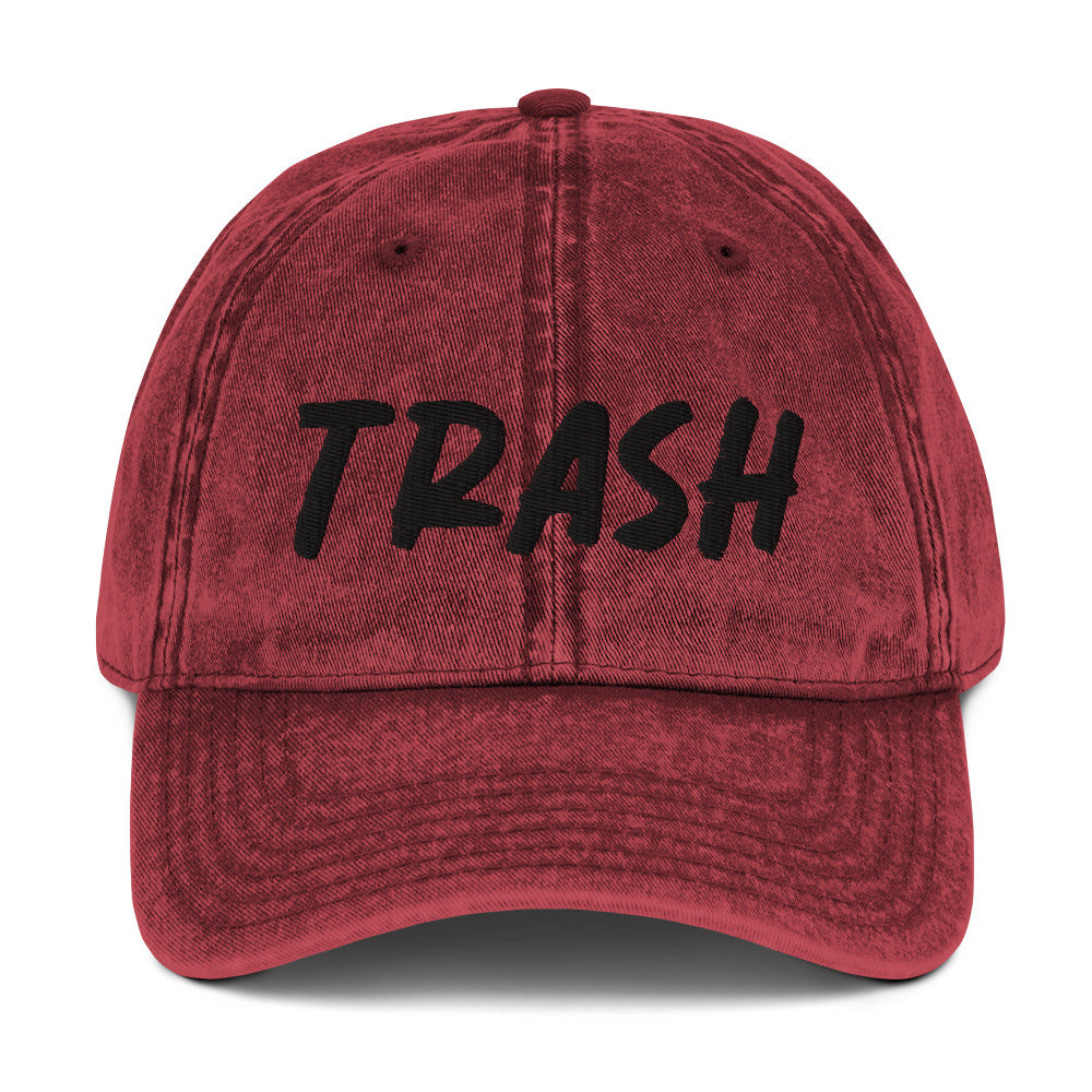 Maroon Trash Hat - Live fast, eat trash in this embroidered trash dad hat. It's a classic cotton dad hat with an adjustable closure and "trash", expertly embroidered on the front. Make a statement and live your best life in this funny dad hat. Our trash dad hat with perfect for everyday streetwear or a funny gift for a friend.