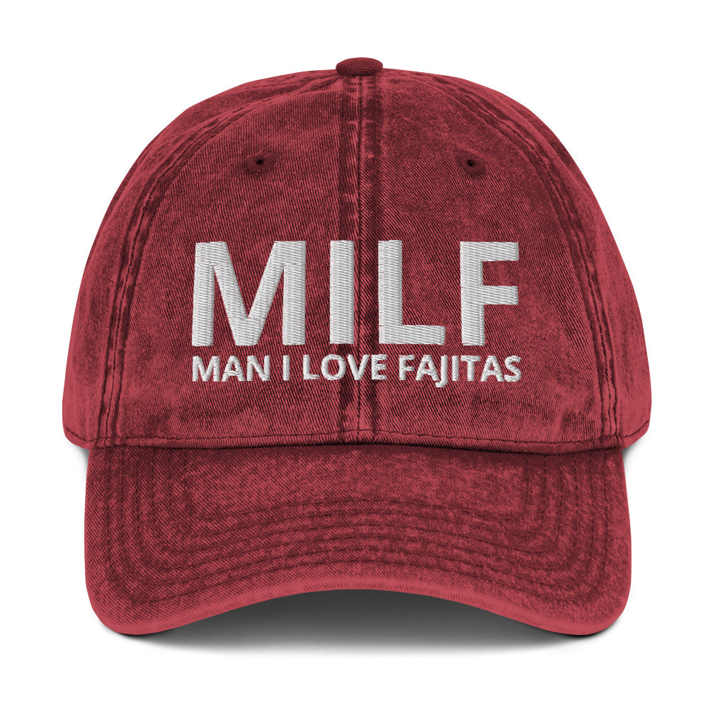 Maroon MILF dad hat for fajita lovers from Nina's Funky Shop by ninanush- MILF: MAN I LOVE FAJITAS This funny MILF dad hat is comfortable, unique and makes the perfect hat for foodies and fajita enthusiasts. Stand out and add a little personality to your style in this funny dad hat for fajita lovers. It's a comfortable, weird and cringy hat made of 100% cotton and is made just for you.