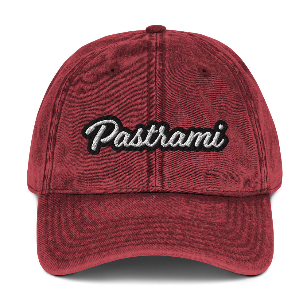 Maroon pastrami dad hat from Nina's Funky Shop by ninanush - Introducing our pastrami dad hat. Wear this funny food hat and add a little personality to your everyday style or give it as a funny gift for a pastrami enthusiast. It has an adjustable closure and comes in a variety of colors with stylish washed out material and the word "Pastrami", expertly embroidered on the front.