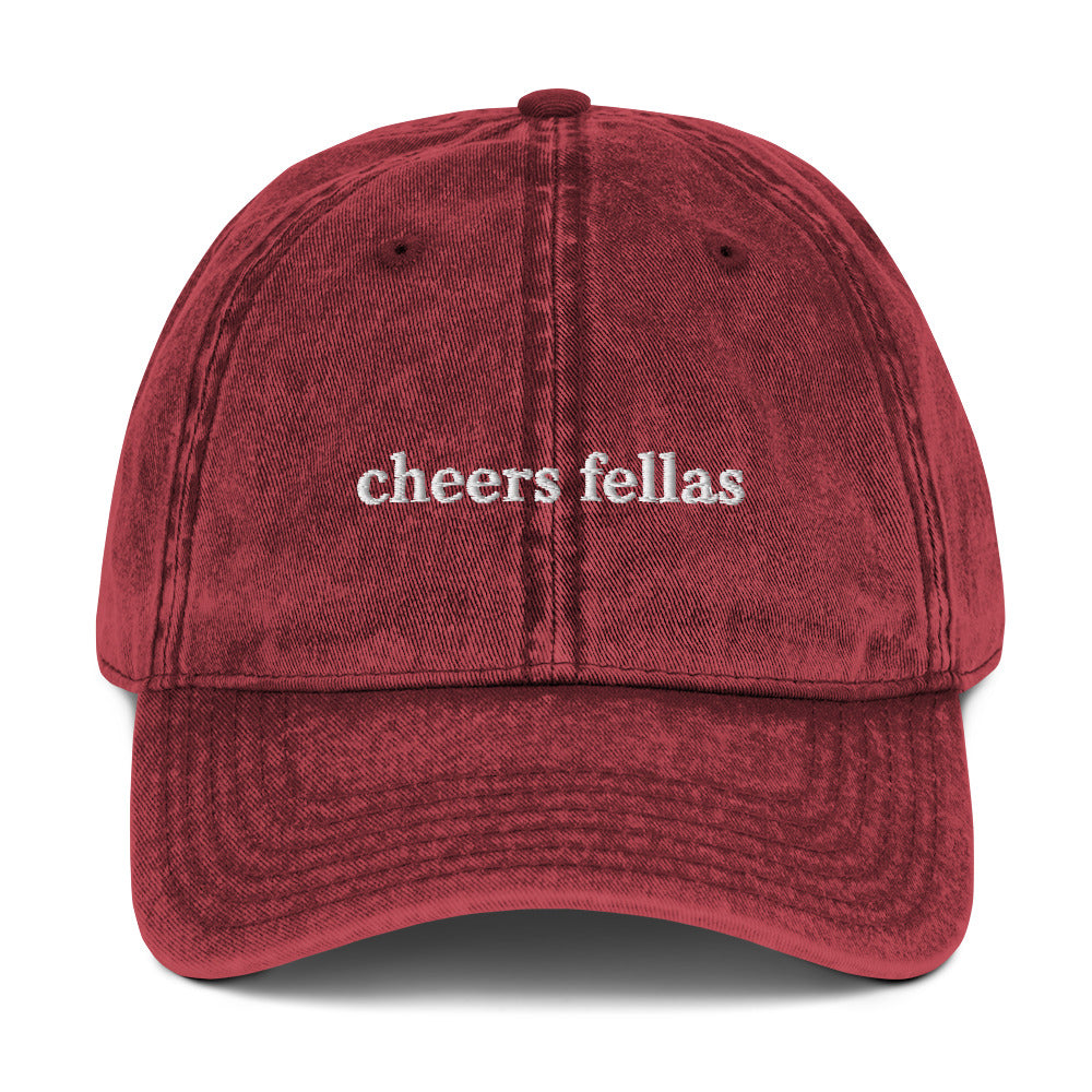 Maroon cheers fellas dad hat from Nina's Funky Shop by ninanush - Let your hat do the talking. This Cheers Fellas Hat is made of comfortable cotton, comes in a variety of colors and has a convenient adjustable closure. Wear our cheers fellas dad hat as everyday streetwear or give it as a fun gift for the fellas.