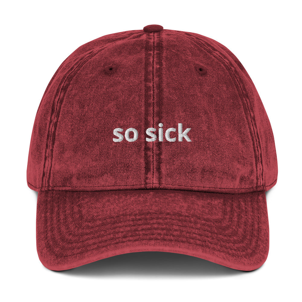 Maroon so sick hat from Nina's Funky Shop by ninanush - This hat is so sick. Let your hat do the talking. This So Sick Hat is made of comfortable cotton, comes in a variety of colors and has a convenient adjustable closure. Wear our so sick dad hat as everyday streetwear or give it as a fun gift for your super sick friend or family.