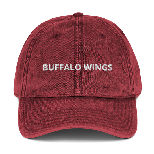 Maroon Buffalo Wings Hat - Love buffalo wings? Looking for a gift for a friend? Our Buffalo Wings Hat might be just what you need. It's made of comfortable cotton, has an adjustable closure and "buffalo wings", expertly embroidered on the front. Make a statement in this funny food dad hat, perfect or buffalo wing enthusiasts and foodies of all kinds. 