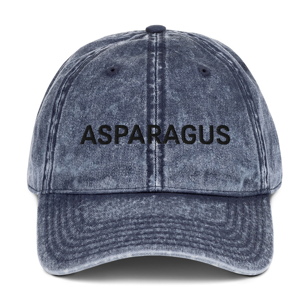 Blue asparagus hat - If you love asparagus, this embroidered dad hat was designed just for you. Eat asparagus in style in this statement hat for veggie lovers. This asparagus hat is made of 100% cotton, with a faded vintage look. The perfect funny food hat for asparagus enthusiasts and gift for vegetable lovers and foodies of all kinds. 