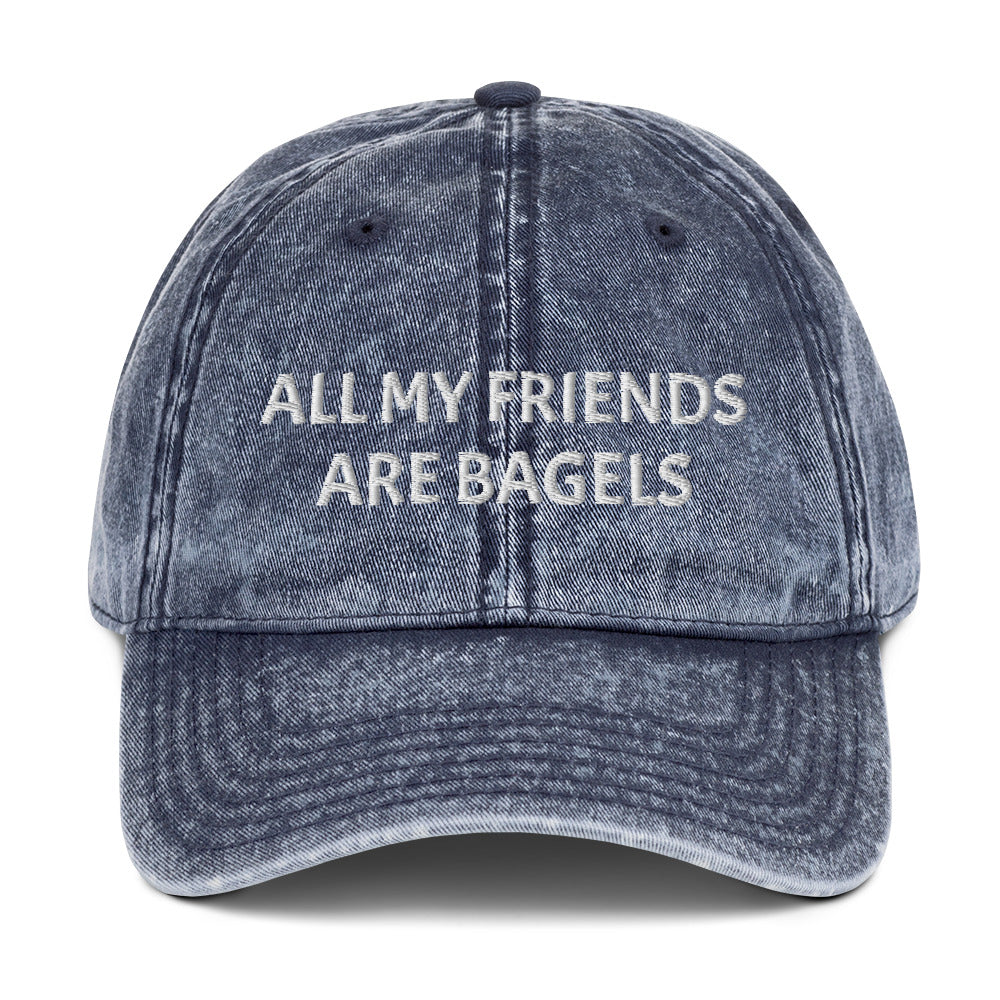 Blue bagel lover hat - The perfect hat for bagel lovers like you. The "ALL MY FRIENDS ARE BAGELS" embroidered dad hat. This funny food hat comes in trendy faded cotton. It's a classic dad hat with a stand out design for bagel enthusiasts. Show your love for bagels with this unique bagel love hat or give it as a funny gift for food lovers.