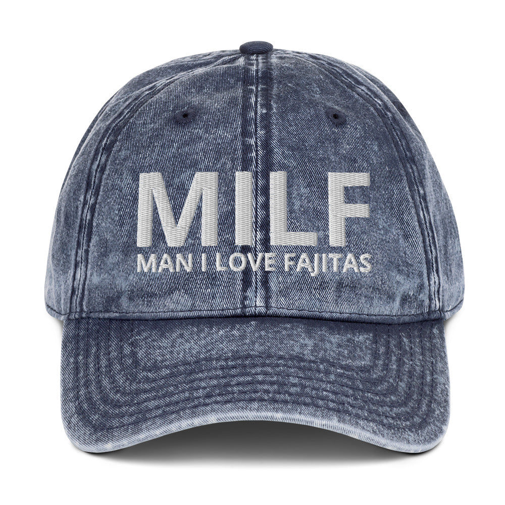 Blue unique MILF MAN I LOVE FAJITAS dad hat from Nina's Funky Shop by ninanush- MILF: MAN I LOVE FAJITAS This funny MILF dad hat is comfortable, unique and makes the perfect hat for foodies and fajita enthusiasts. Stand out and add a little personality to your style in this funny dad hat for fajita lovers. It's a comfortable, weird and cringy hat made of 100% cotton and is made just for you.