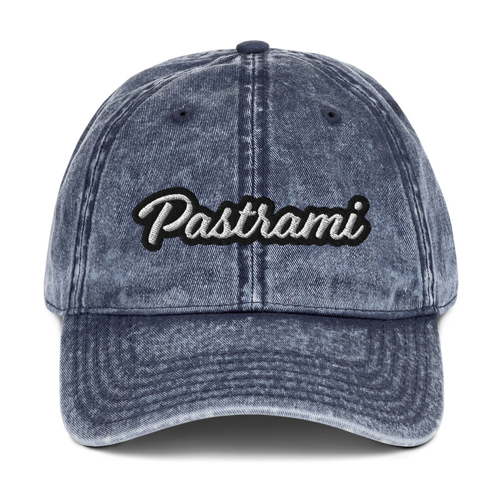 Navy pastrami dad hat from Nina's Funky Shop by ninanush - Introducing our pastrami dad hat. Wear this funny food hat and add a little personality to your everyday style or give it as a funny gift for a pastrami enthusiast. It has an adjustable closure and comes in a variety of colors with stylish washed out material and the word "Pastrami", expertly embroidered on the front.