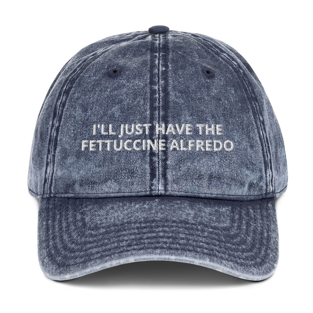 Blue I'll Just Have The Fettuccine Alfredo Hat - Love Fettuccine Alfredo? Looking for a funny gift for a pasta lover? Our Fettuccine Alfredo Hat is just what you need. It's comfortable, has an adjustable closure, and comes in a variety of colors with "I'll Just Have The Fettuccine Alfredo", expertly embroidered on the front. Eat your favorite fettuccine in style.