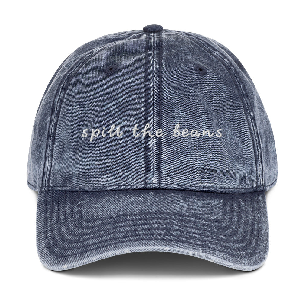 Blue Spill the beans dad hat - Spill the beans! This funny hat is comfortable, adjustable and made just for you. It's a classic cotton dad hat with a funny saying, expertly embroidered on the front. Looking for something personalized? Shoot us an email!