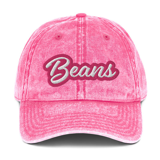 Barbie pink dad hat for bean lovers - This Beans dad hat is comfortable, adjustable and is made just for you. It's a classic unstructured hat with the word "Beans" embroidered on the front in pink and white. This vintage-style bean enthusiast dad hat for foodies and bean lovers. It comes in a variety of stylish faded colors and is the perfect weird gift.