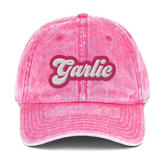 Funny Barbie pink dad hat - A colorful dad hat for garlic enthusiasts and foodies of all kinds. It's a vintage style dad hat with the word "garlic" embroidered in pink and white. A funny statement hat for garlic lovers to stand out and show off or a unique gift for your favorite garlic addict. This quirky dad hat is adjustable, weird and made just for you.