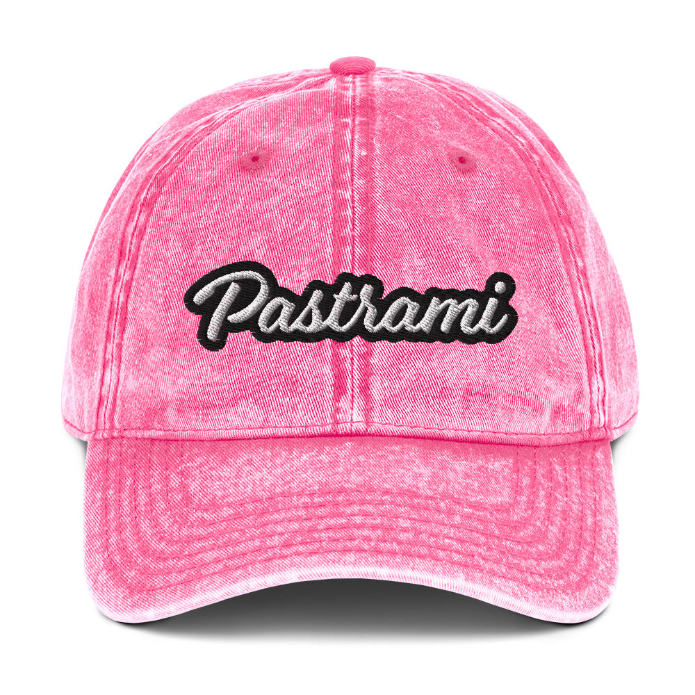 Pink pastrami dad hat from Nina's Funky Shop by ninanush - Introducing our pastrami dad hat. Wear this funny food hat and add a little personality to your everyday style or give it as a funny gift for a pastrami enthusiast. It has an adjustable closure and comes in a variety of colors with stylish washed out material and the word "Pastrami", expertly embroidered on the front.